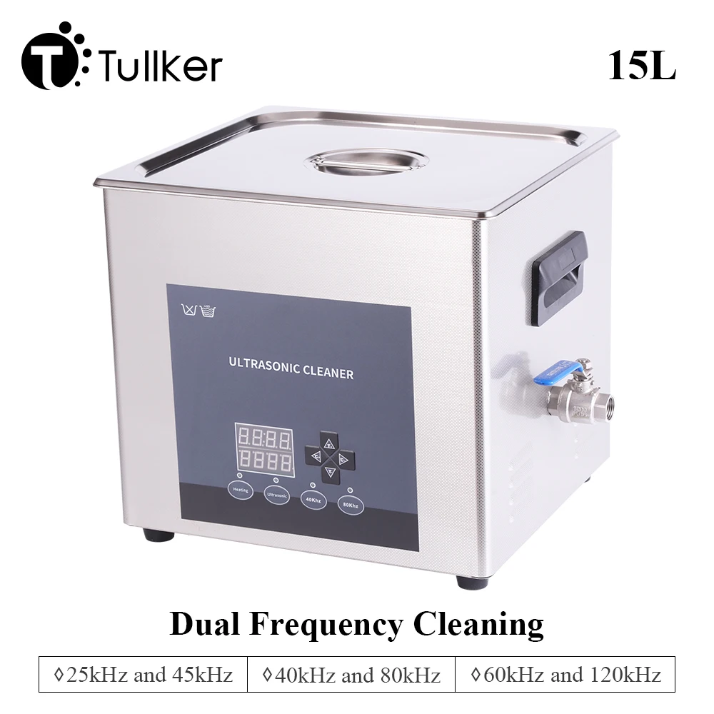 Tullker Dual Frequency Ultrasonic Cleaner 15L Bath 25/45/40/80/60/120kHz Oil Degreaser Engine Ultrasound Clean Carbon Optical