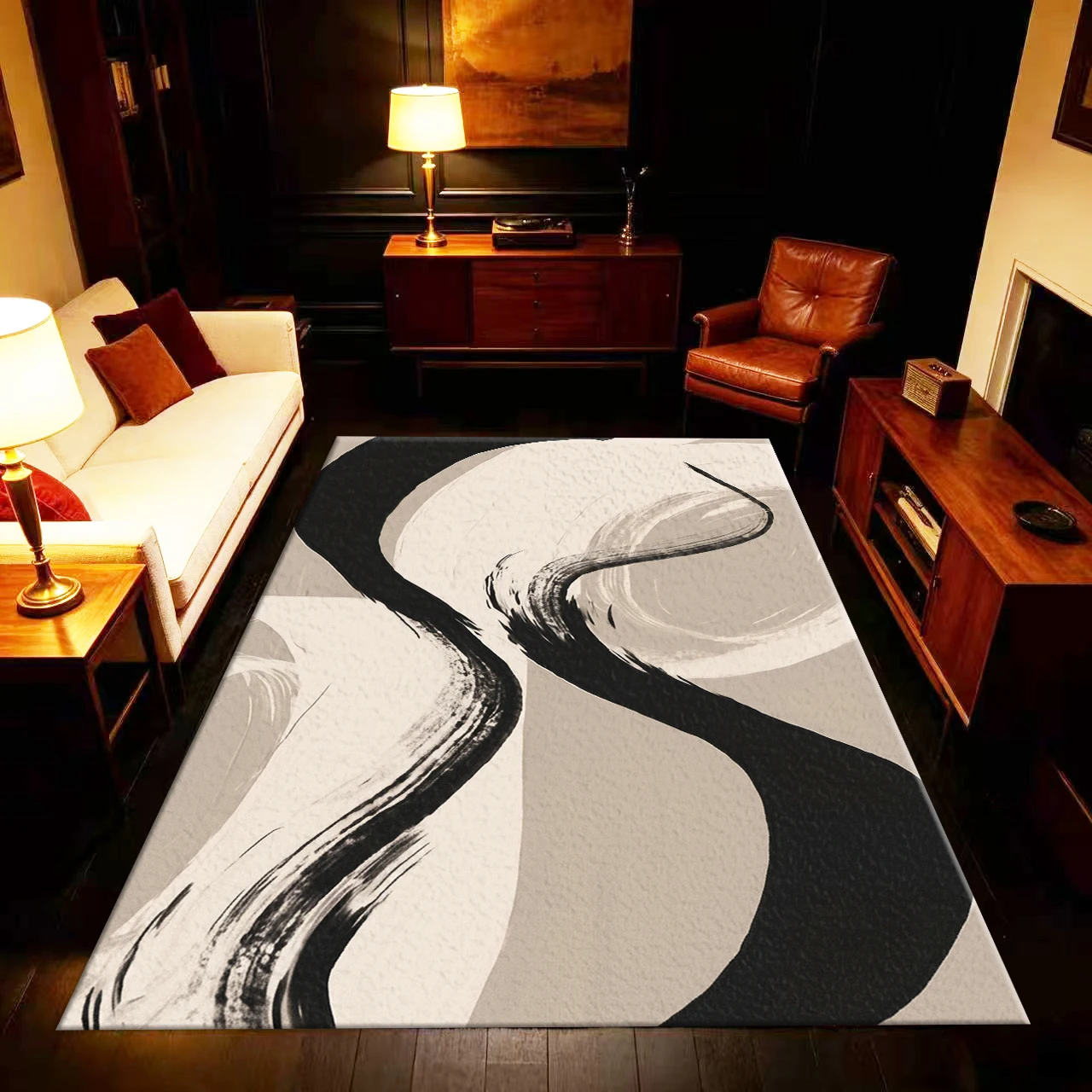 Ink Wash Abstract Art Carpet Flooring, Chinese Style Brush Stroke Area Rug for Contemporary Home Decor