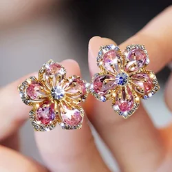 Korean Sweet Flower Shiny Zircon Stud Earrings For Women Temperament Geometric Daisy Tulip Flower Ear Studs Elegant Jewelry Gift