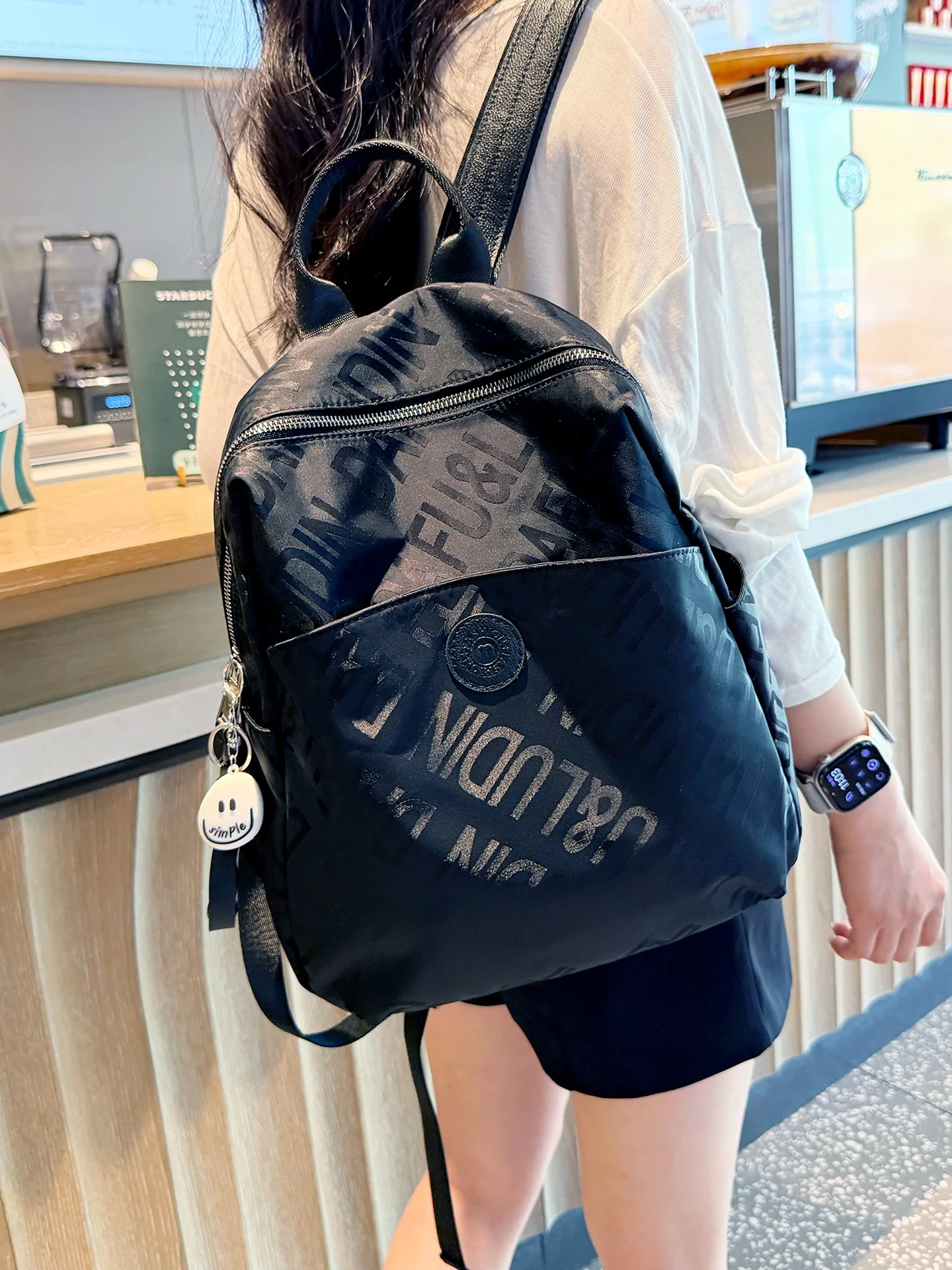 black-letter-print-nylon-women's-backpack-lightweight-large-capacity-casual-hiking-bag-durable-polyester-travel-pack