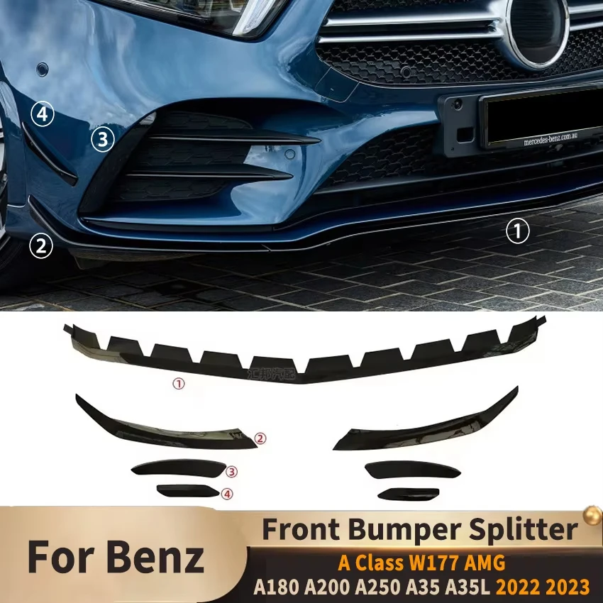 For Mercedes Benz A Class W177 AMG A180 A200 A250 A35 A35L 2022 2023 Front Bumper Aero Spoiler Splitter Lip BodyKits Accessories