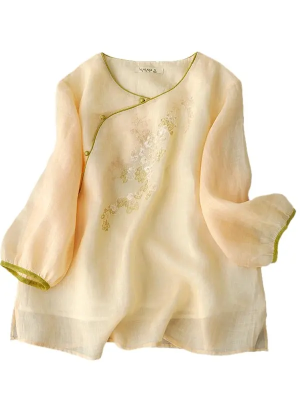 Nouveau chinois Sle femmes brodé lin irt été nouveau Sle Oblique revers lin thé Costume petit coton lin haut