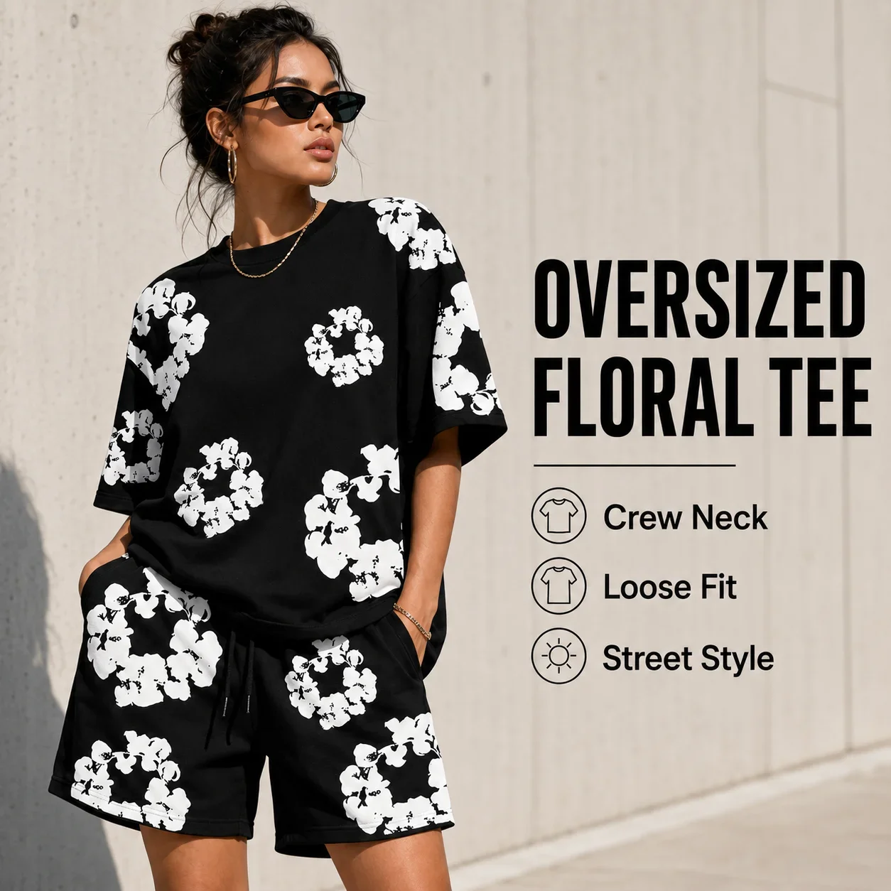Men Women Streetwear Floral Print T Shirt Shorts Set Oversized Graphic Tee Hip Hop Summer Casual Matching Outfit
