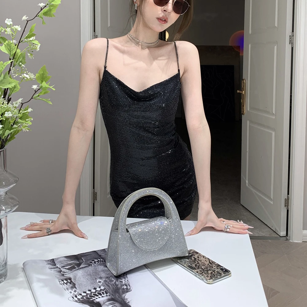 Sequins Decoration Dress for Women,Hot Drilling Chain,Shoulder Strap,Fashion Commuter Halter,High Quality,New,Summer,Y2k,2024