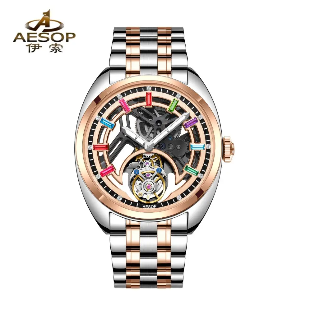 AESOP（7062G) Men Tourbillon Watch Colorful Diamond Skeleton Hollow Out Mechanical Watch 316 Stainless Steel Sapphire Crystal