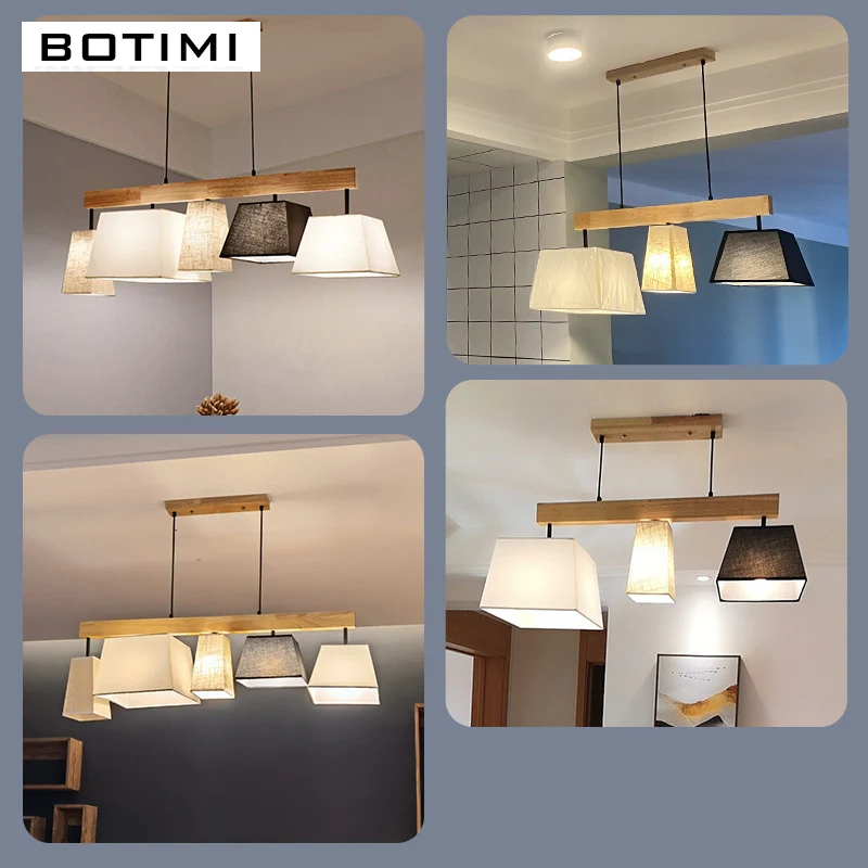 BOTIMI Fabric Lampshade Pendant Lights For Dining Nordic Solid Wood Wire Hanging Lighting Kitchen Cloth Suspension Luminaires