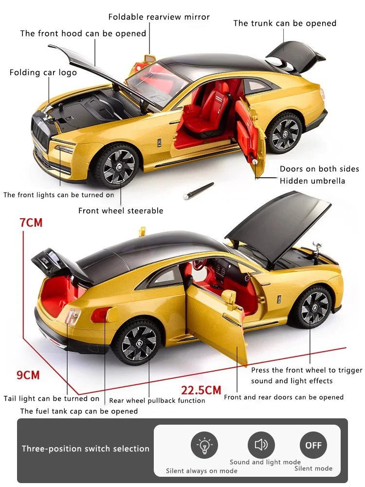 Rolls-Royce-Voiture de sport en alliage brillant pour garçons, modèle de simulation, son et lumière, dos côtelé, voiture jouet, ornements de