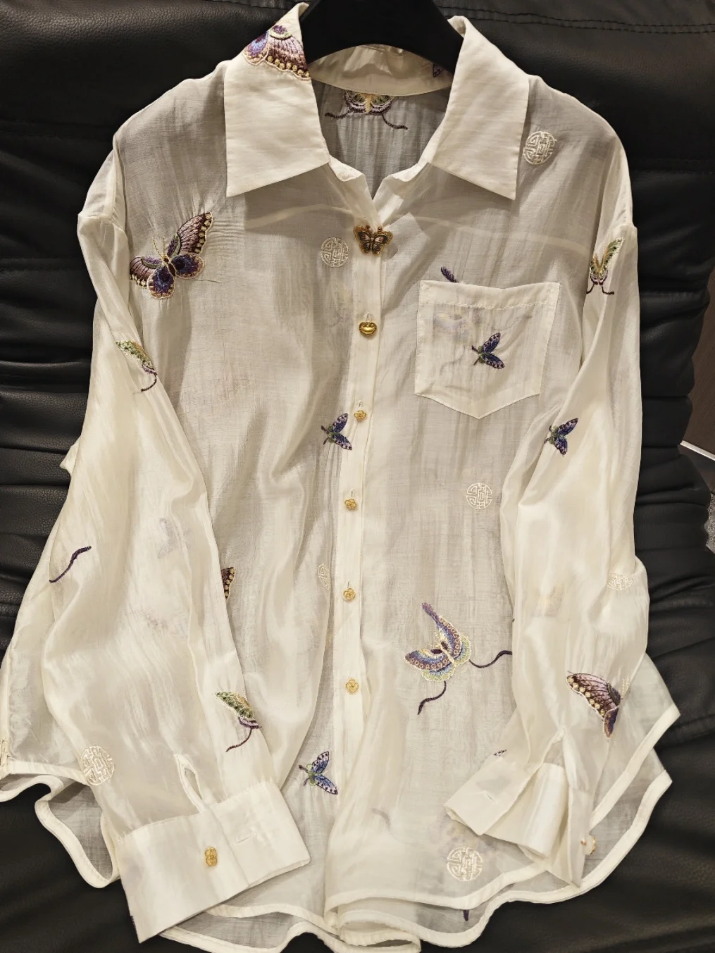 2024 Summer New Heavy Embroidery Butterfly Long-Sleeved Shirt Women's Loose Fashion Versatile Casual Sun-Proof Shirts Blouse