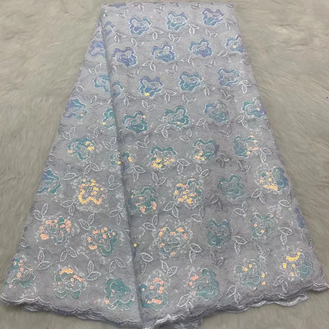 

African Tulle Lace Embroidered Fabric with Sequins, White French Lace, 5 Yards