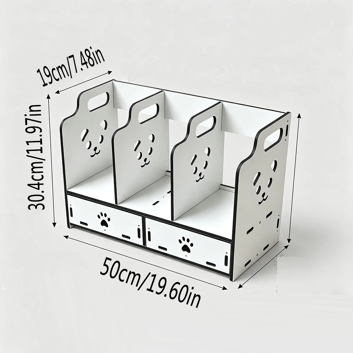 White Panda Hollow Desktop Book Organizer with Drawer, 3 Compartments Assemble File Holder, Office Desk Book Magazine Storage Ra