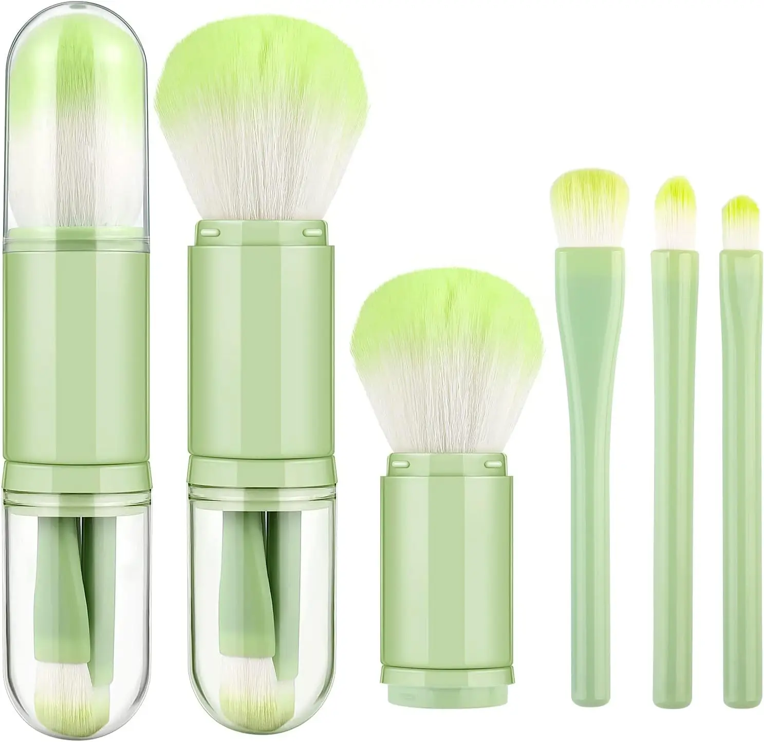 مجموعة فرش مكياج صغيرة 4 في 1، فرشاة شفاه محمولة، فرشاة هايلايتر لظلال العيون، فرشاة كريم أساس صغيرة قابلة للسحب للمكياج الأخضر
