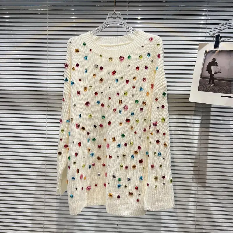 Harajuku Women Colorful Gem Beaded Heavy Industry Loose Knit Sweater Knitted Diamonds Pullovers Jumpers Rhinestone Knitwear Tops