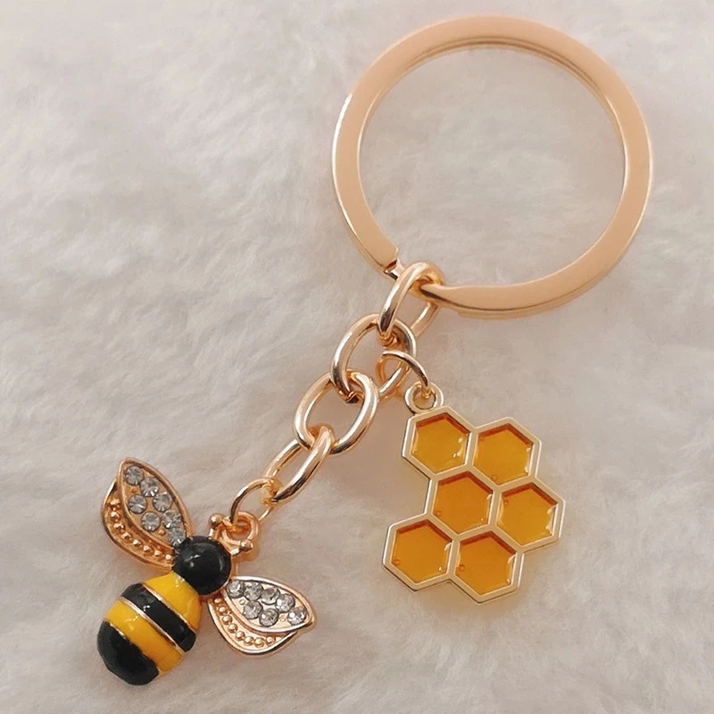 1Pc Cute Women Hexagon Honeycomb Drip Oil Rhinestone Bee Keychain Couple Insect Key Ring Bag Ornament Accessories