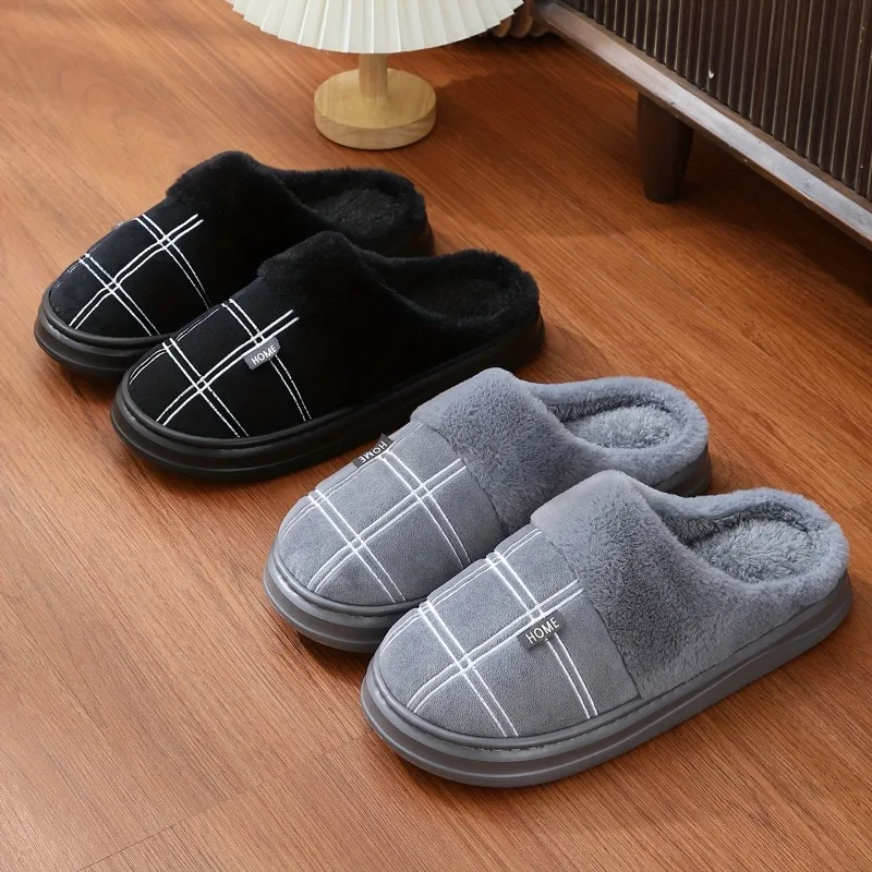 

Men Home Slippers Plaid Memory Foam Winter Plush Male Indoor Shoes Warm Soft Non-Slip Slippers Black Large Size 44-51 Fashion