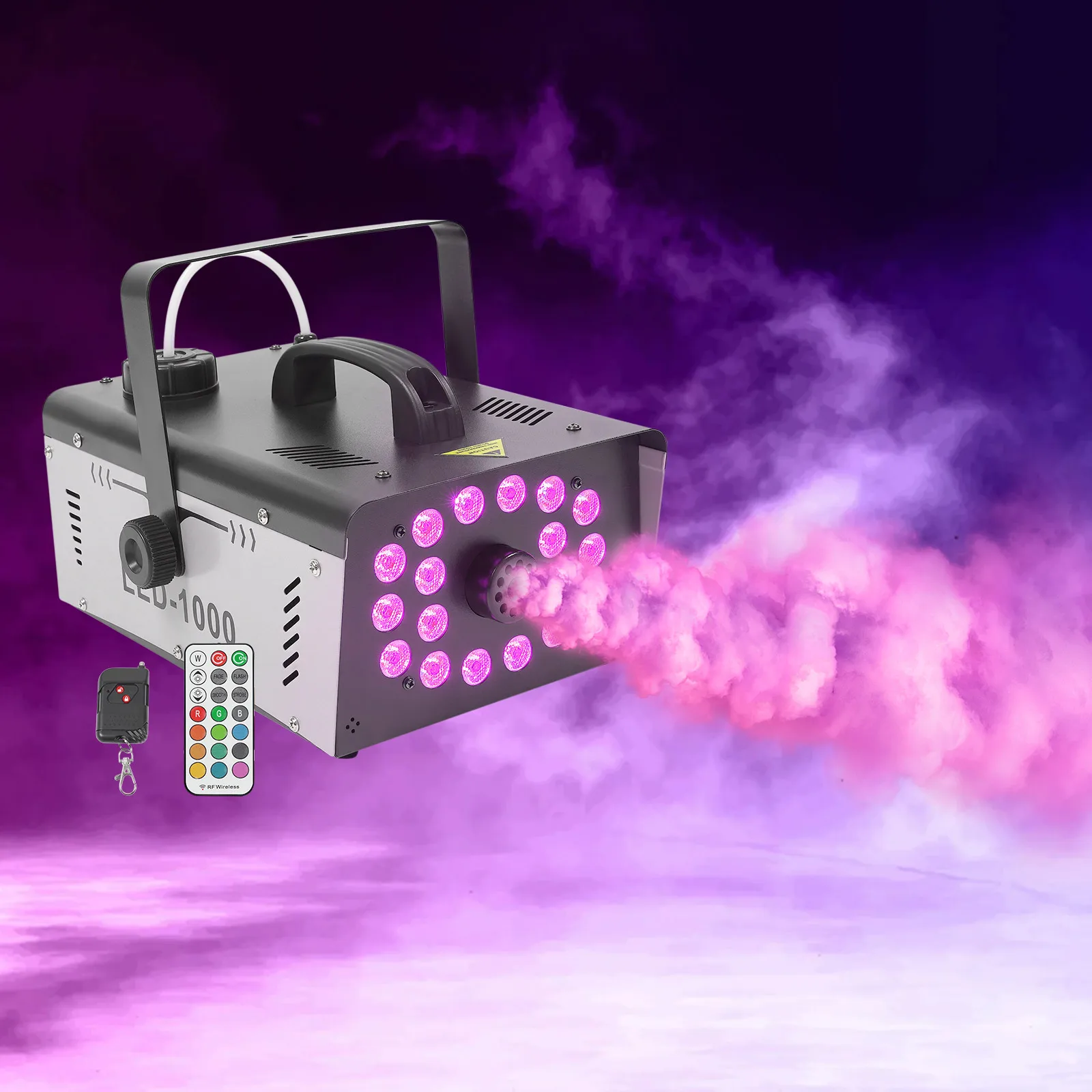 Smoke Machine 1000W 18 LED Stage Fog Machine Double Remote Wired Controller Colorful Lighting Effect for Club DJ Concerts Parties High-Power Fast Fog Spray Durable Iron Body Anti-corrosion Large Fluid Tank US Standard