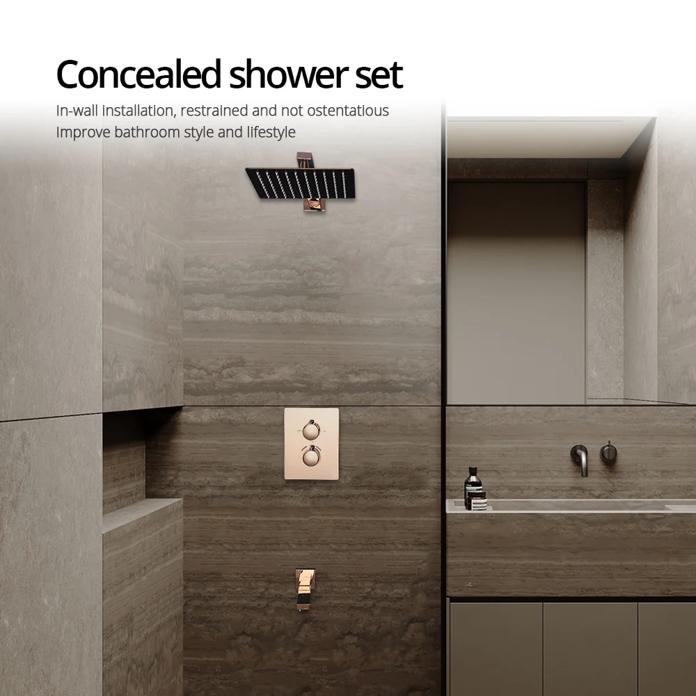 8-16 Inch Shower Head Thermostatic Shower Faucet 2 Knob Matte Black Shower Mixer Recessed Box Wall Mounted Square Shower Tap