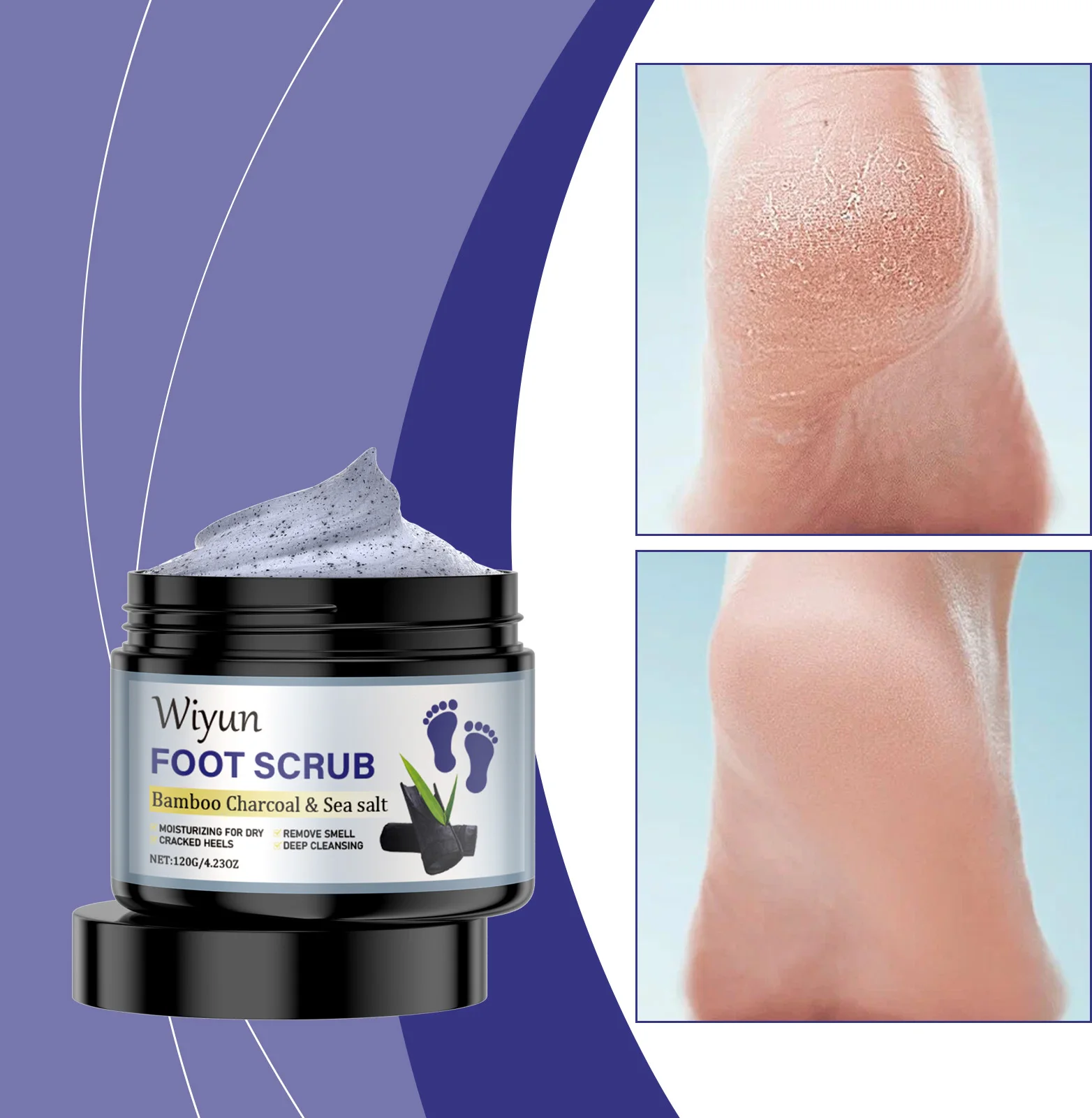 Bamboo Charcoal & Sea Salt Foot Scrub - Deep Cleansing Exfoliator for Dry, Cracked Heels & Foot Odor