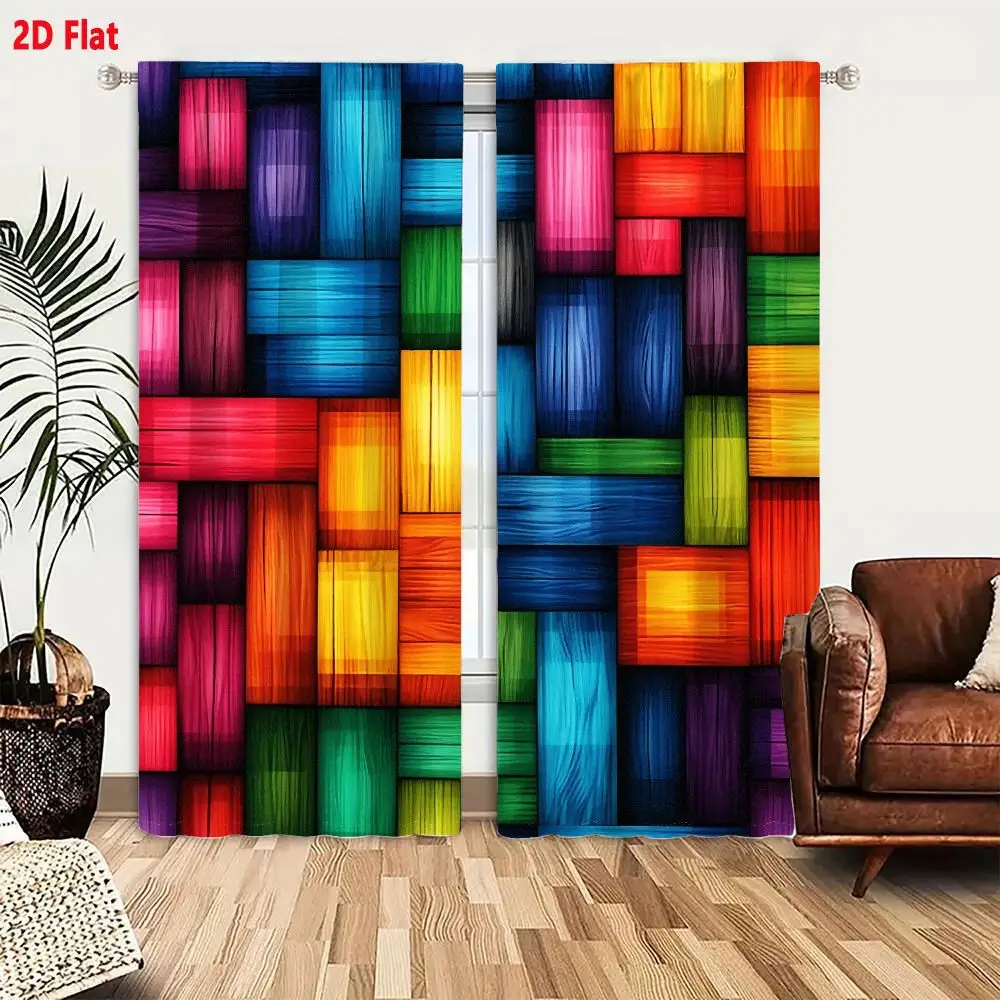 2Pcs Curtains 2D Flat Vibrant Abstract Interlocking Rectangular Blocks Pattern Multicolor Geometric Artistic Decorative Design W