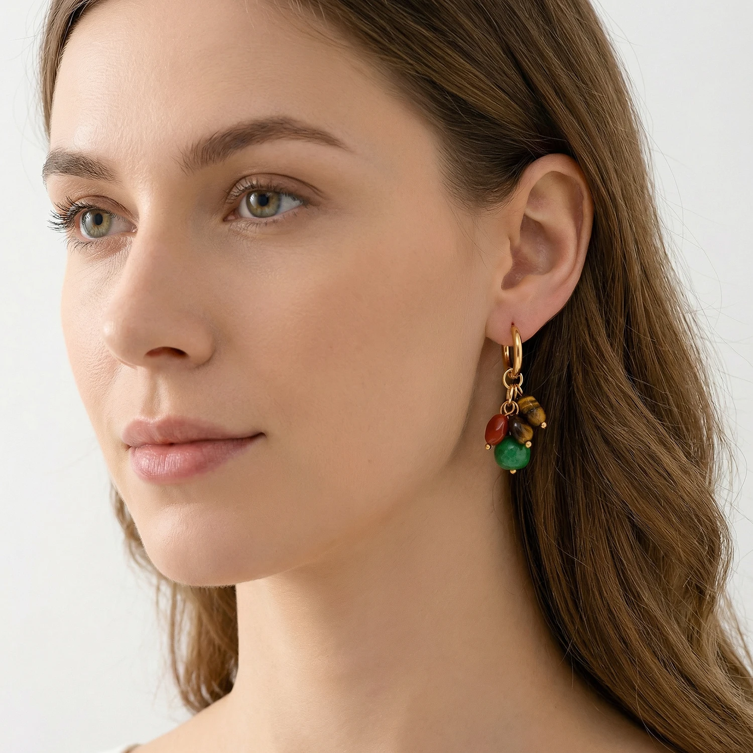 Colorful Stone Drop Earrings Removable 18K Gold Plated Stainless Steel Hoops, Hypoallergenic Waterproof Spring Summer Daily Gift