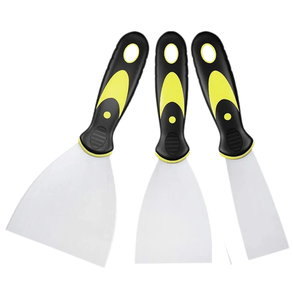 3 buah alat pengikis pisau dempul, untuk cat dapur pengikis noda pegangan kayu Stainless Steel alat semen lantai minyak