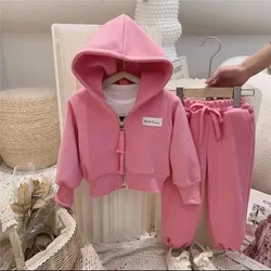 2024 Spring Autumn Children's Sports Suit Korean Version Baby Girls Zipper Hooded Cotton Coat Casual Long Pants Two-piece Set