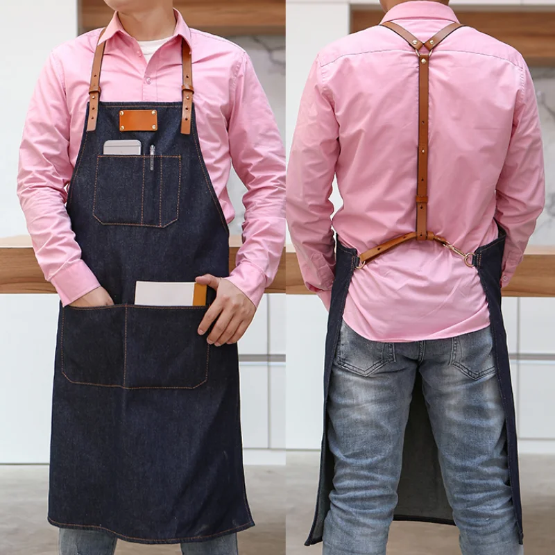 

Unisex Floral Denim Jean Style Apron Fashion PU Leather Straps Customizable Brand Logo for Kitchen Baristas Barbers Restaurant