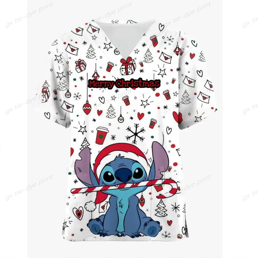 Lilo&Stitch Christmas Women's V-neck New Hospital Nurse Uniform Disney Clothing Christmas Gift Pocket T-shirt Uniform