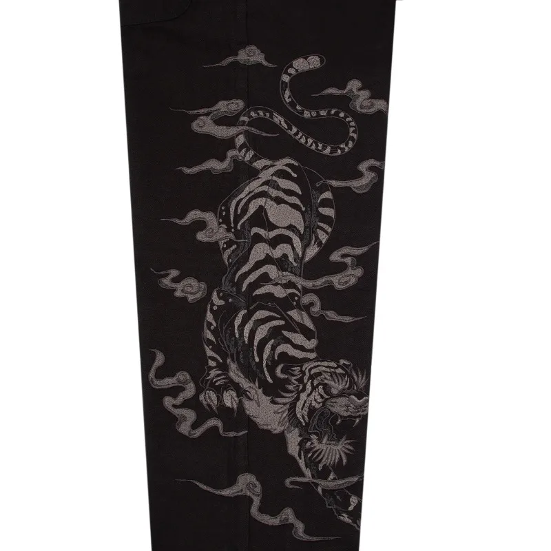 Derschutze série yakuza jeans preto y2k retro lavado calças de perna larga moda impressa couro gótico baggy baixo unisex jeans