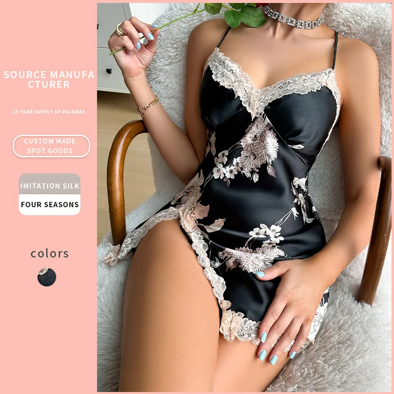 

New Ice Silk Printed Sleepshirt Breathable Thin Lace Short Skirt For Women's Home Wear Imitatetion Silk Strap Skirt Sexy Pajamas