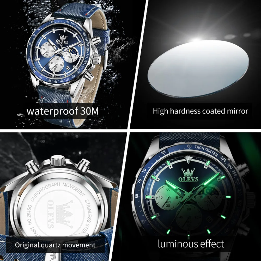 OLEVS New Fashion Blue Quartz Men Watches Leather Strap Waterproof Luminous Luxury Chronograph Watch Men Relogio Masculino