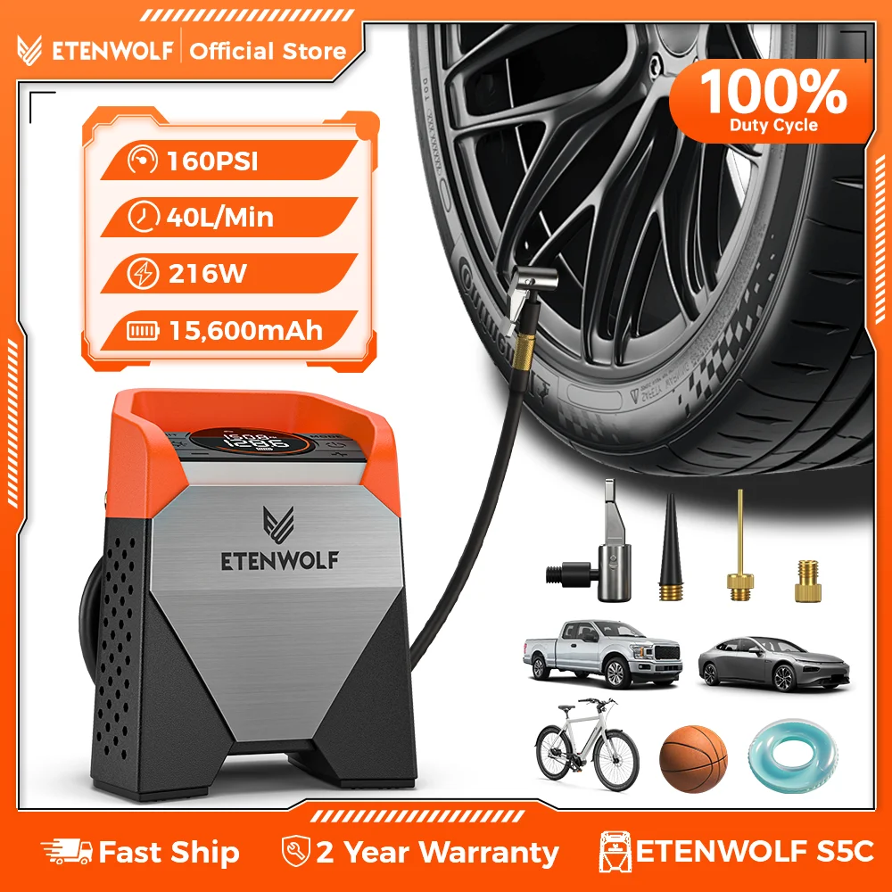 ETENWOLF ZEPHYR S5C Inflador de neumáticos portátil Compresor de coche de alta resistencia 160PSI y 15600mAh para pastillas Neumáticos de coche motocicletas