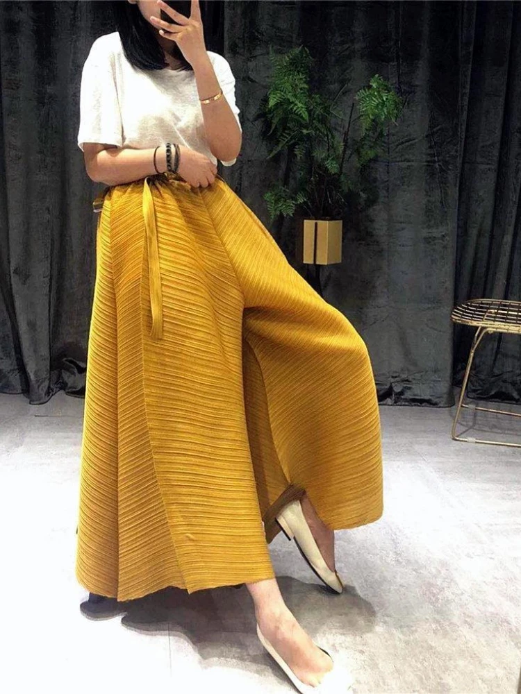 Chic Pleated Straight Pants Women Spring Summer Elastic High Waist Pleated Wide-legged Pants Oversized Trouser Black Clothes