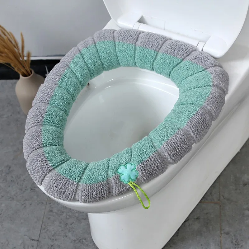 1 Pack Stitched Color Portable Knitted Toilet Mat Thickened Washable Antifreeze Toilet Cover Thickened Knitted O Type Universal