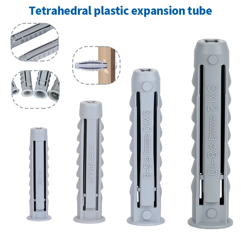    Anclajes de pared de plástico de 6mm, 8mm, 10mm, 12mm, con tornillos de expansión tetraédricos y tapones para soportes de TV e instalación de campanas extractoras ﻿