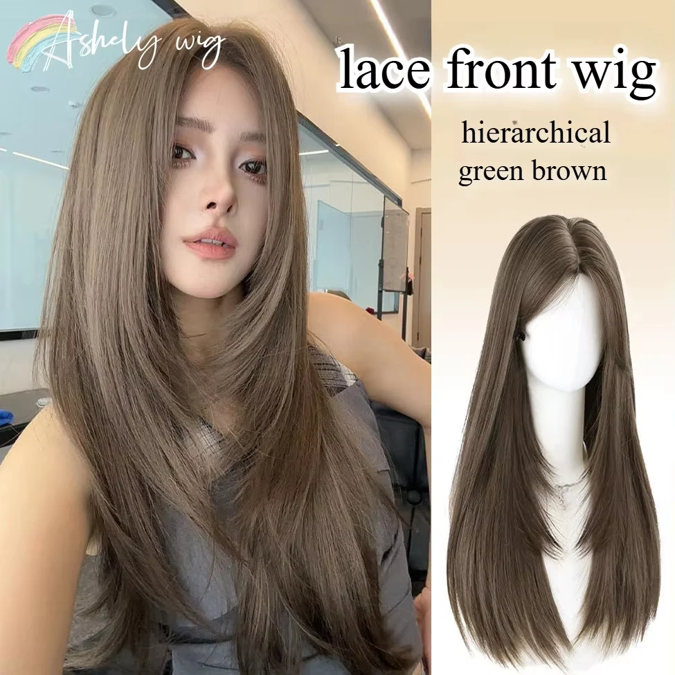 

Green Brown Wig for Women Long Straight Hair Wig for Daily Use 24inch Hierarchical Cosplay Synthetic Wigs Pelucas De Mujer 가발