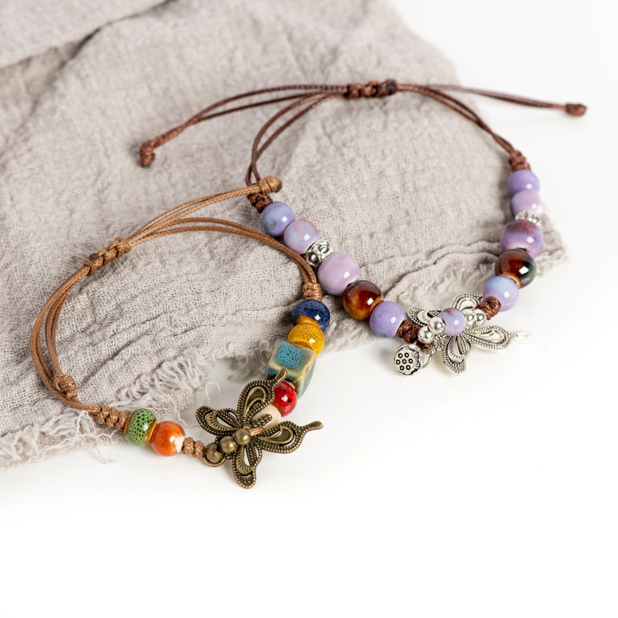 Vintage Multicolor Butterfly Ceramic Bead Bracelet Adjustable Handmade 15-25cm