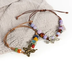 Vintage Multicolor Butterfly Ceramic Bead Bracelet Adjustable Handmade 15-25cm