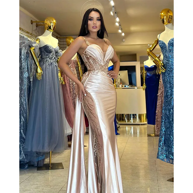 Customize Champagne Prom Dress Straps Appliqued Beaded Evening Dresses Elegant Pleats Side Train Formal Dresses for Women