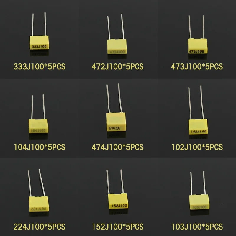 50 قطعة 102J ~ 474J مادة البولي بروبلين فيلم مكثف عدة 100V مكثف مجموعة متنوعة 102J 152J 332J 472J 103J 333J 473J 104J 224J 474J