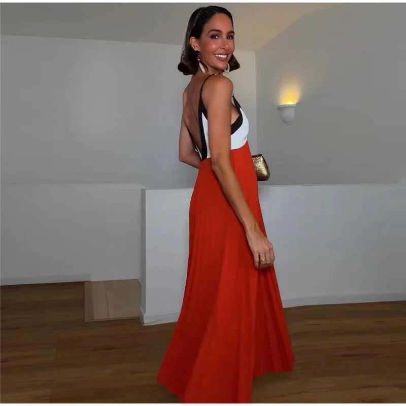 Kettenmuster-Maxikleid mit Spaghettiträgern, Farbblock-Design, V-Ausschnitt, A-Linie, Locker Geschnittenes Langes Kleid für Gäste und Partys, Sommermode 2026, Elegantes Abendkleid – Detail 13