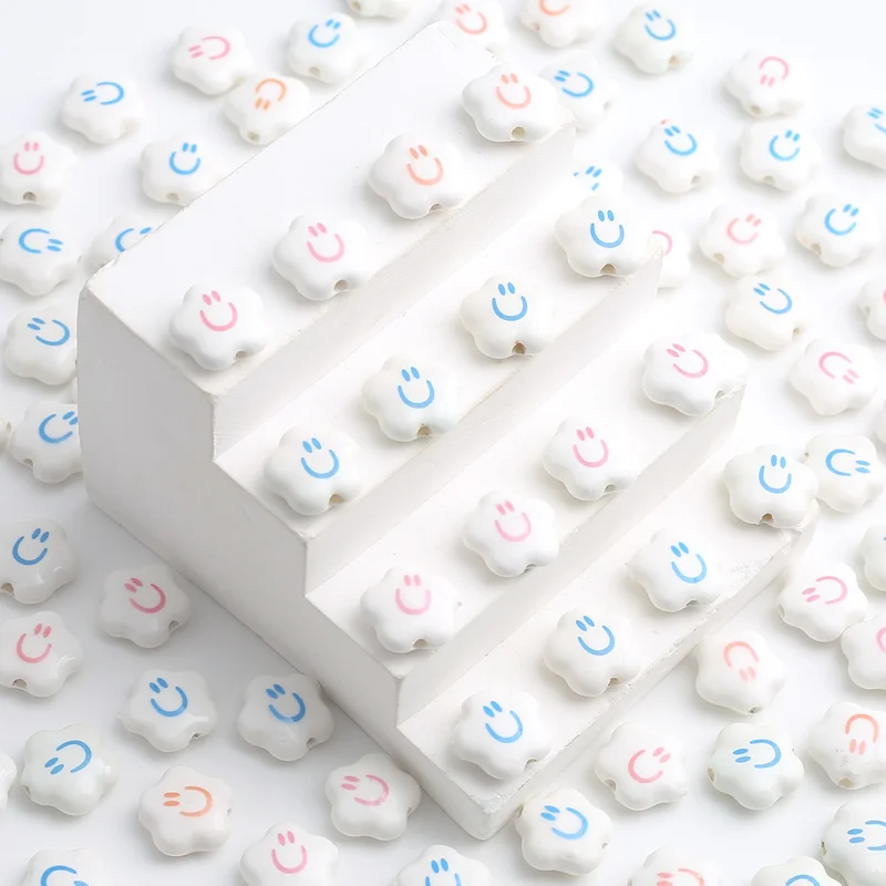 10pcs 15mm Pink And Blue Five-pointed Star Ceramic Beads & Bead Assortments, Smooth Surface Smiled Expression Plum Blossom Beads