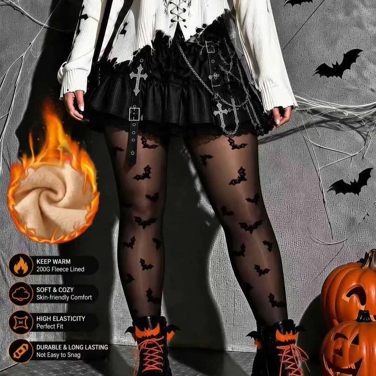 Schwarze Damen-Leggings mit Fledermaus-Print, Fleece-Futter, warm, trendig, hohe Taille, dehnbar, gestrickt, bequem, im Gothic-Stil. – Detail 1