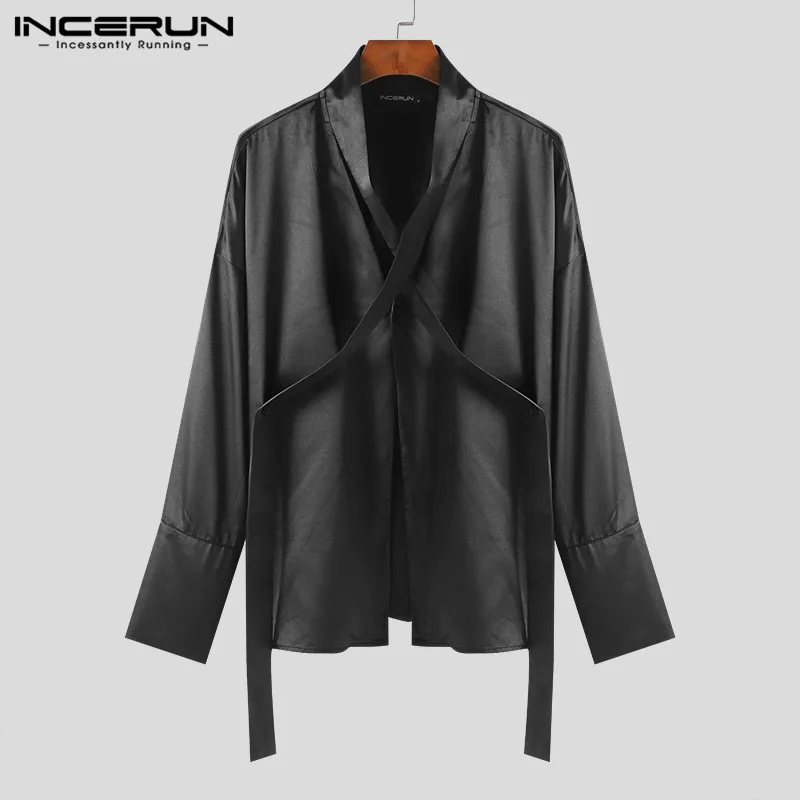 INCERUN Tops 2024 Korean Style Clothing New Men Satin V-neck Tie Design Shirts Fashiona Casual Pendant Long Sleeved Shirts S-5XL