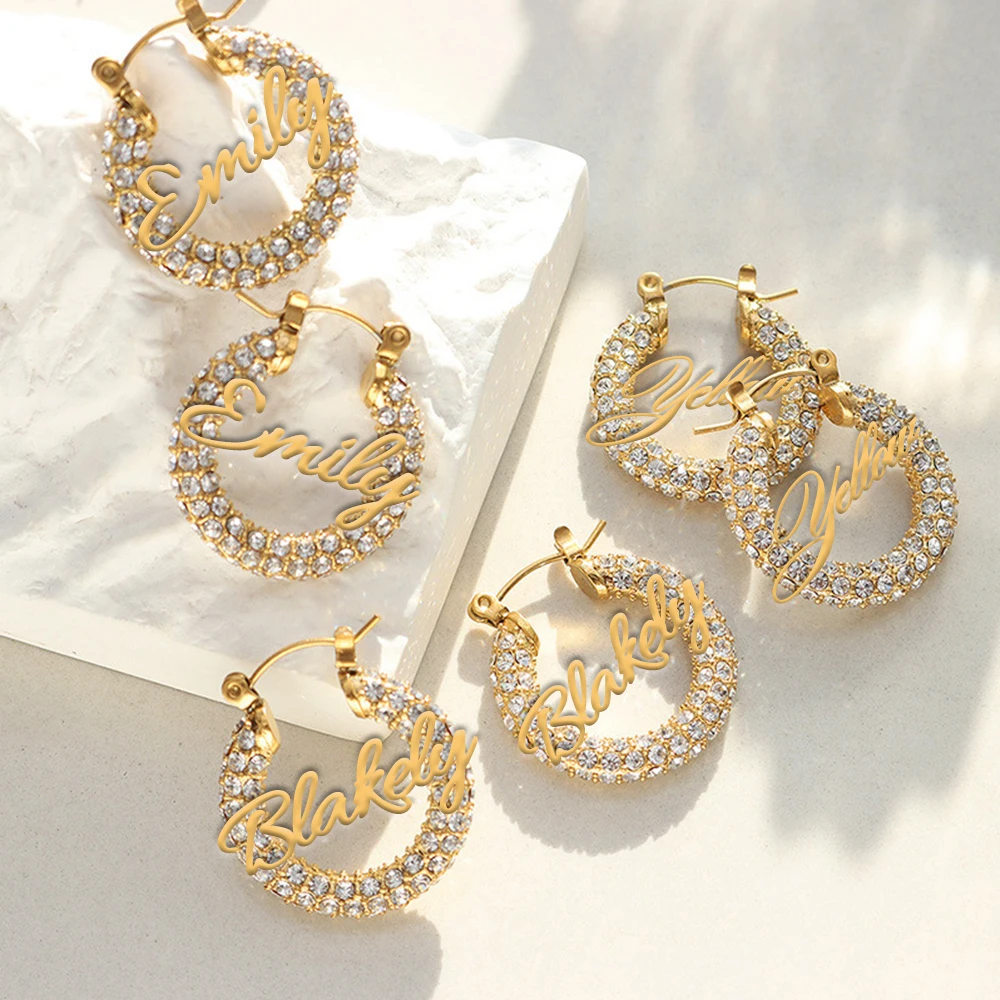 HIYONG Custom Name Plate Sparkling Earrings Personalized Mini Hoop 22mm Earrings Letter Zircon Stainless Steel Ear Jewelry