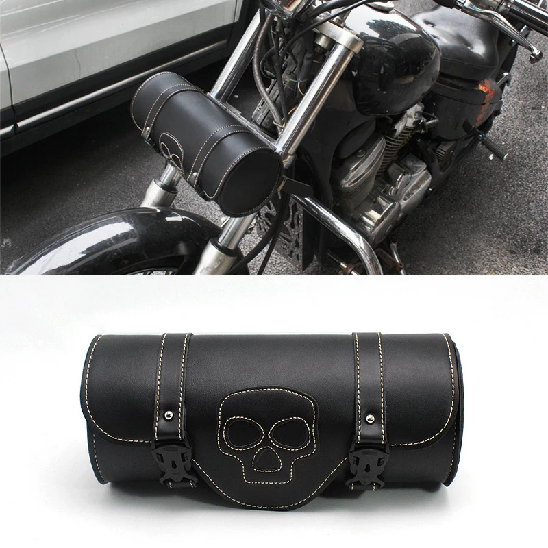 

Motorcycle Cruiser Tool Bag Handlebar Bag PU Leather Motorcycle Front Forks Roll Barrel Bag Front Rear Storage Tool Pouch Black