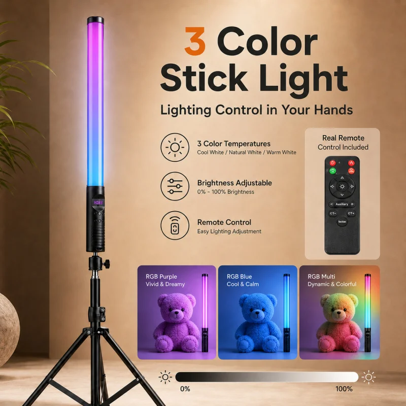 RGB Handheld Video Light Wand, Portable LED Fill Light for Photography, Vlog, Live Stream, Studio and Indoor Shooting