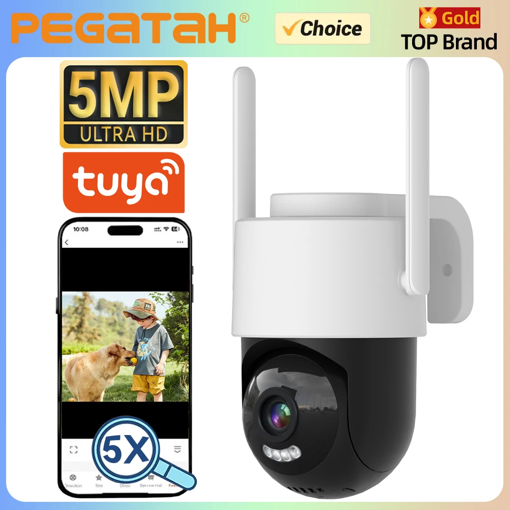 

Уличная Wi-Fi камера Tuya 5MP PTZ с полноцветным ночным видением, отслеживанием человека, 5-кратным зумом и обнаружением движения для видеонаблюдения