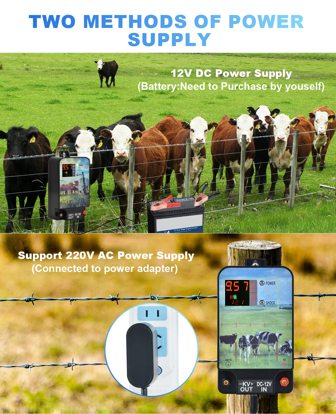 

10KM Electronic Fence Charger Electric Fence Energizer Farm Sheep Cattle Horse Poultry Shepherd Animals Livestock Fence Tool