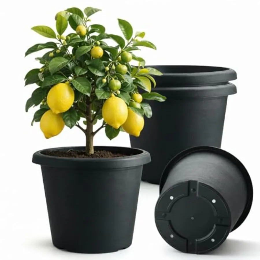 

Outdoor planters: heavy-duty plastic, cement texture, gray, 30L capacity with drainage holes, 16 diameter x 12 tall, 4-pack