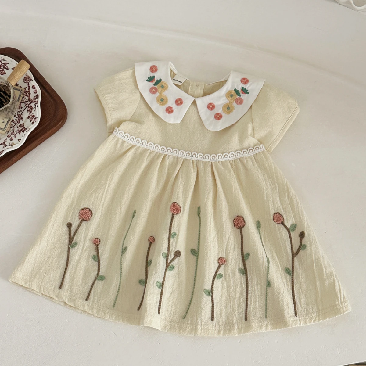 Summer Toddler Pure Cotton Dress Cute Doll Collar Flower Embroidered Princess Dress for Baby Girl 0-3 Years Old 6